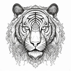 Tiger head. Tribal tiger with ornamental mandala. Tattoo art, Hand-drawn Illustration on a white background. Illustration for tattoo or t-shirt design