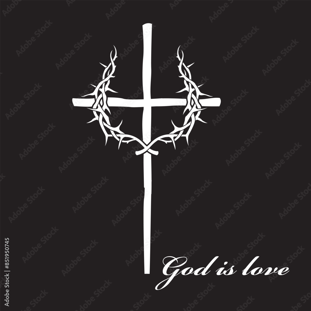 Wall mural white cross and crown of thorns isolated on black background