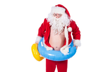 Vacations and holidays. Funny fat man in a Santa Claus costume. White background.