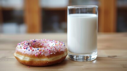 A freshly baked donut sitting next to a tall glass of milk a quintessential symbol of American cuisine that we celebrate on National Donut Day