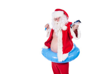 Vacations and holidays. Funny fat man in a Santa Claus costume. White background.