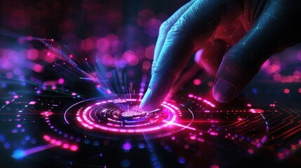 finger pushes button, cyberpunk neon style