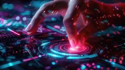 finger pushes button, cyberpunk neon style