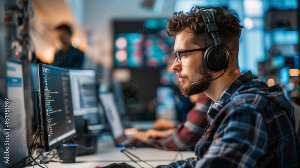Wall mural focused developer coding with headphones