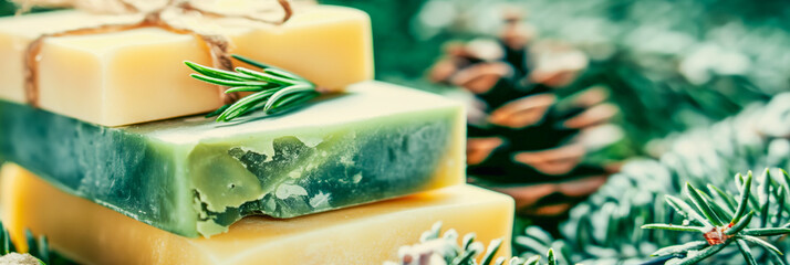 A stack of hand made natural soap or dry waterless shampoo bars with festive greenery and pine cones. Ideal for promoting eco friendly and chemical free personal care products.