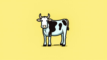 Cartoon cow with white face and black spots stands in front of yellow background.
