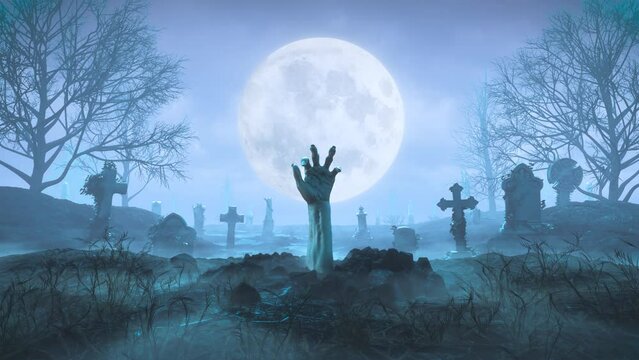 Zombie hand crawls out of the ground at night against the background of the moon in the cemetery