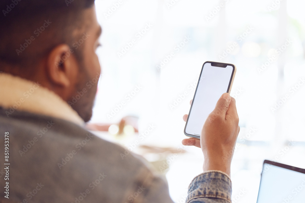 Poster Mockup space, cafe and man with smartphone, typing and relax with social media, texting and message. Person, mobile user in coffee shop and phone screen for internet with digital app and connection