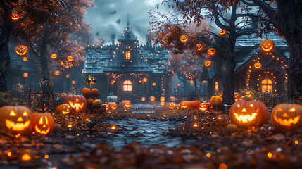  A haunted house yard with a table full of Halloween sweets and glowing decorations.
