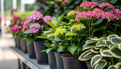 Pots with planted colorful hydrangea with variegated foliage on showcase of garden center
