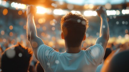 A person happy celebrate in a stadium, watching a football match under bright lights with smoke effects,