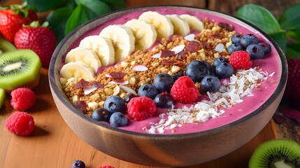 Colorful Acai Smoothie Bowl with Fresh Berries, Banana, and Coconut Toppings.