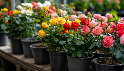 Fototapeta premium Pots with planted colorful roses with variegated foliage on showcase of garden center