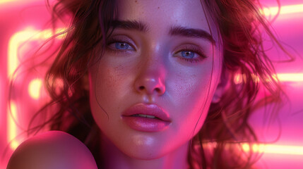 Obraz premium Cinematic night portrait of girl and neon lights