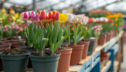 Pots with planted colorful tulips with variegated foliage on showcase of garden center