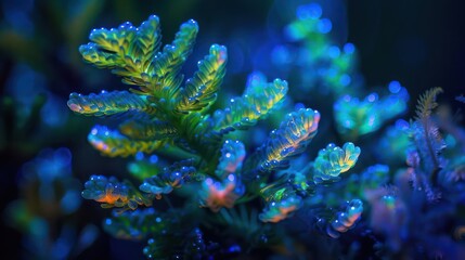 Fototapeta premium A closeup shot of a bioluminescent plant glowing in a dark, hightech garden