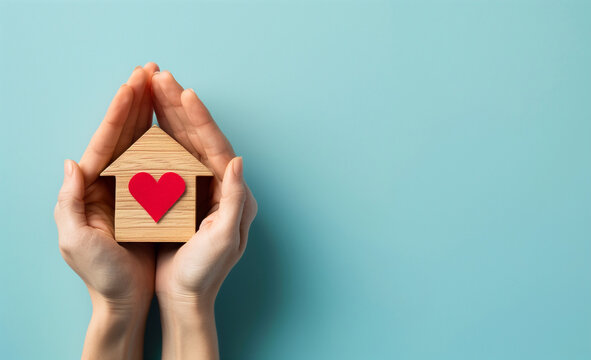 Avere a cuore la propria casa. Due mani stringono una casetta di legno con un cuore dentro. Spazio per messaggio.