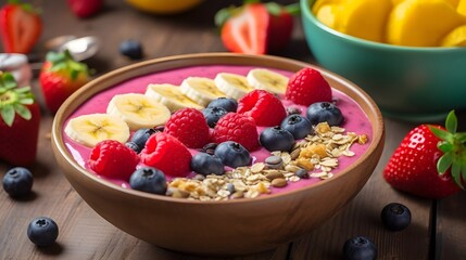 Colorful Acai Smoothie Bowl with Fresh Berries, Banana, and Coconut Toppings.
