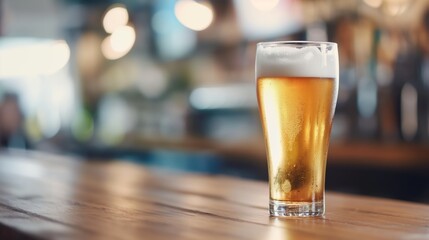 A refreshing glass of beer on a wooden bar counter with a blurred pub background, perfect for beverage or bar-related themes.