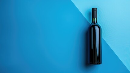 Minimal holiday wine bottle mockup with blue paint on a duotone background and copy space