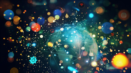 Soziale Medien globale Netzwerke mit Digitalisierung Erde Weltkugel Linien Symbole K&ouml;pfe schweben als Hologramm Generative AI