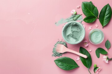 Skincare Product. Natural Clay Mask on Pink Background for Beauty Routine