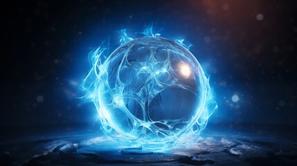 Obraz premium Ethereal Blue Energy Orb Surrounded by Mystical Flames in a Dark Atmosphere