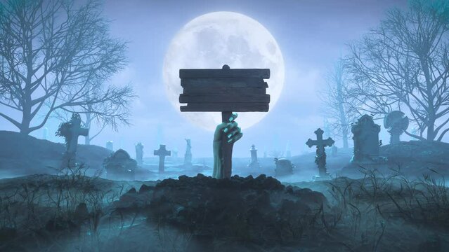 Zombie hand with a wooden plaque out of the ground at night against the background of the moon in the cemetery
