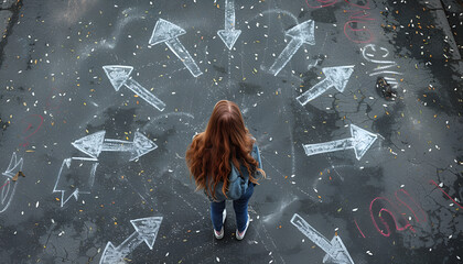 Girl standing in front of drawn signs on asphalt, top view. Arrows pointing in different directions symbolizing diversity of opportunities