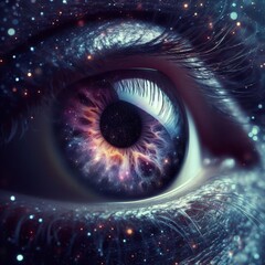 Close-up of a surreal eye with an ethereal galaxy reflected in the iris. The vivid colors and intricate details create a mesmerizing and otherworldly visual experience, blending human anatomy with