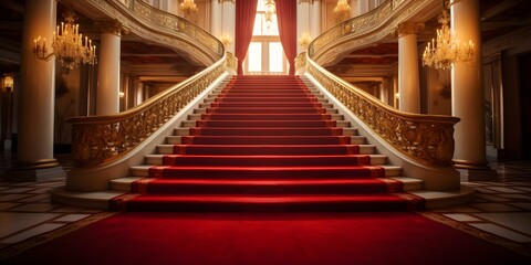Glamorous Red Carpet Guides to VIP Staircase Illuminated by Ambient Lighting. Concept Red Carpet Events, VIP Staircases, Glamorous Lighting, Event Planning, Style and Fashion