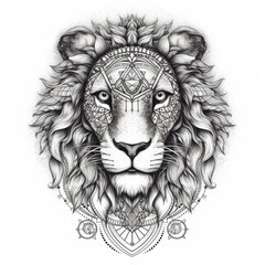 Obraz premium Lion Head Art. Lion Face with sacred geometry or ornamental mandala. Hand drawn Illustration for tattoo or t-shirt design, poster, emblem, badge, patch. Lion Head, Artwork, Tattoo art