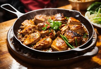 A great dinner dish: close-up of chicken adobo on the table with fries.
