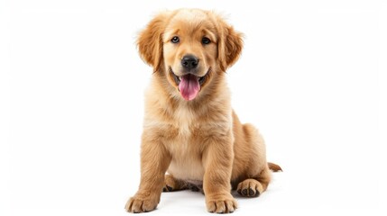 Cute three month old Golden Retriever puppy sitting on a white background with tongue out