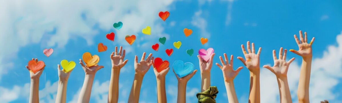 World Children Day, multicultural children raise their arms and hands to hand painted hearts in the sky