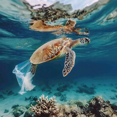 A wild sea turtle with a transparent plastic bag floating underwater, representing the concept of environmental pollution.