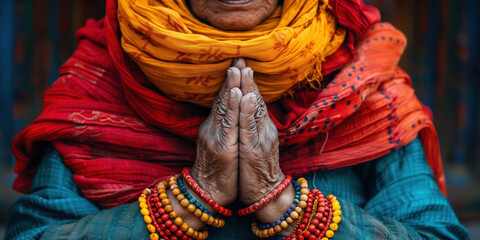 Close-up of a Sikh woman praying with hands clasped together