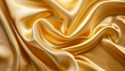 Fototapeta premium Golden silk satin smooth yellow background luxury drapery grainy gradient texture. Silk fabric