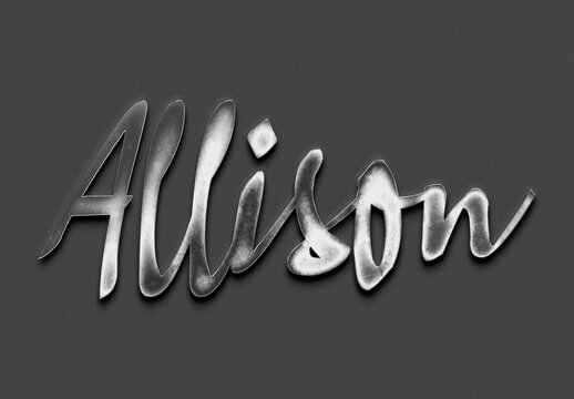 Chrome metal 3D name design of Allison on grey background.