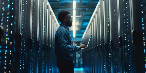 Fototapeta premium An IT Engineer doing maintenance beside server rack Cabine