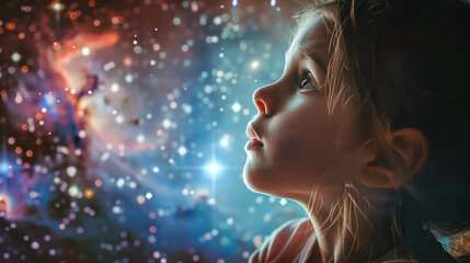 Portrait of little girl dreaming of seeing space and galaxies, as reflection of child mental health.Magic of traveling in Galaxy.Selective focus.Closeup.Generative AI