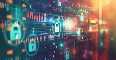 A digital illustration of data security with icons representing a network fence, padlock and computer screen