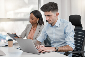 Teamwork, man and women working on laptop for project, task and research in corporate office. Collaboration, technology and business people work together on planning, online report and brainstorming