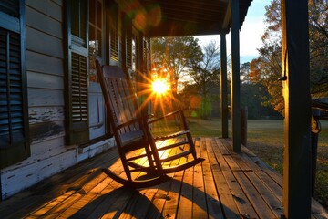 Chair Rocking. Wooden Rocker on Front Porch with Sunburst, Perfect for Leisure Vacation in South Carolina