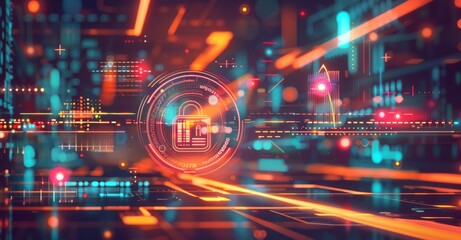 Obraz premium Digital illustration of security symbols like lock and circle with icons representing network technology and cyber security in the background