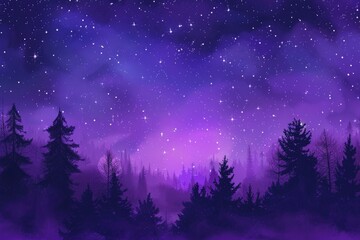 Dark Purple Sky. Enchanting Night Sky with Stars in Forest Landscape