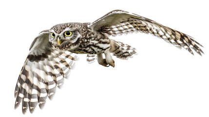 Flying owl in solitude against a white backdrop featuring a Little Owl