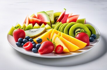 A colorful fruit platter arranged in an artistic pattern, featuring slices of watermelon, kiwi, strawberries, blueberries, and mango on a white plate