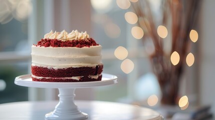 A delightful Red Velvet cake sitting on a charming white cake stand steals the spotlight with its festive allure The image features a selective focus leaving ample copy space for a personal