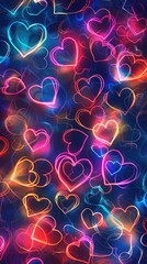 Neon elegant heart. A glowing banner with shiny hearts for Valentine's Day as a template for greeting cards, invitations, and advertisements. Festive background.